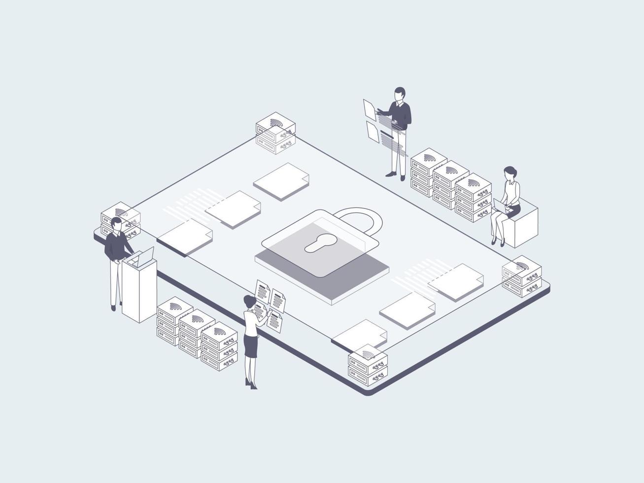 Business Security Isometric Illustration Lineal Grey. Suitable for Mobile App, Website, Banner, Diagrams, Infographics, and Other Graphic Assets. vector