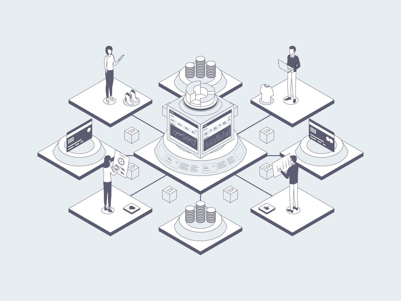 E-Commerce Integrated Accounting Isometric Illustration Lineal Gray. Suitable for Mobile App, Website, Banner, Diagrams, Infographics, and Other Graphic Assets. vector