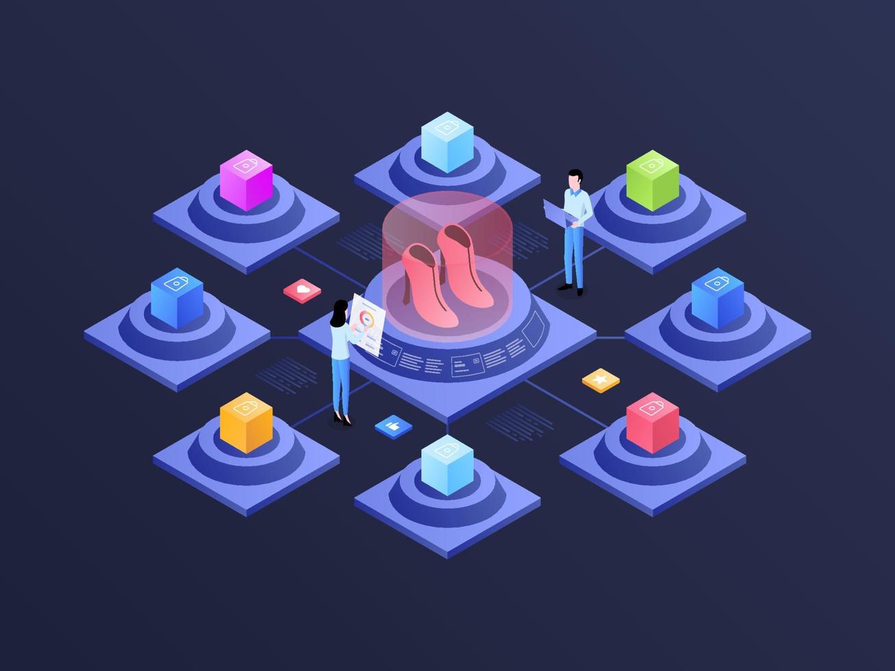 E-Commerce Omnichannel Isometric Illustration Dark Gradient. Suitable for Mobile App, Website, Banner, Diagrams, Infographics, and Other Graphic Assets. vector