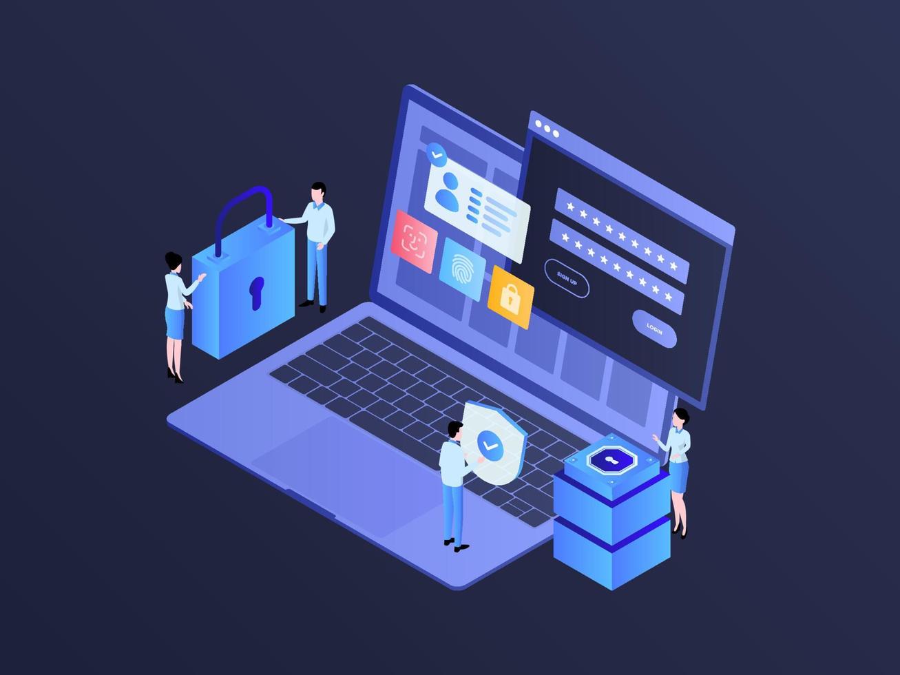 Desktop Login Isometric Illustration Dark Gradient. Suitable for Mobile App, Website, Banner, Diagrams, Infographics, and Other Graphic Assets. vector