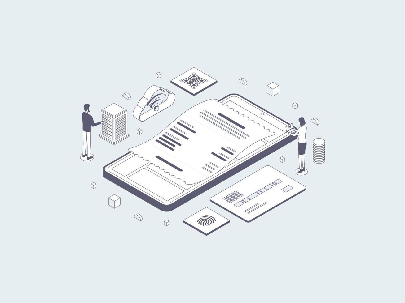 Point of Sale System Isometric Illustration Lineal Gray. Suitable for Mobile App, Website, Banner, Diagrams, Infographics, and Other Graphic Assets. vector