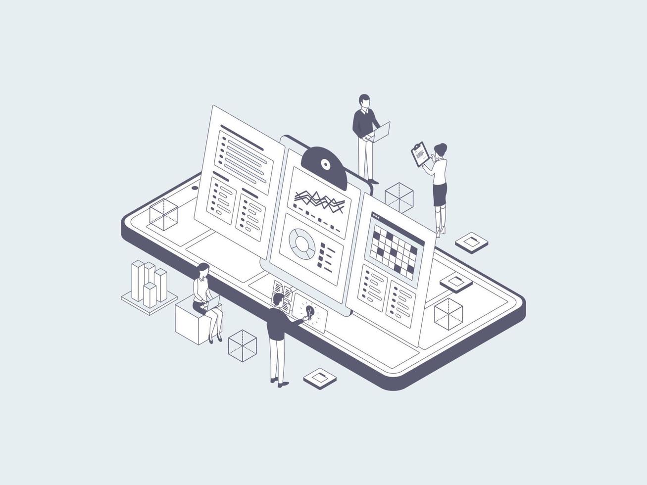 Business Plan Isometric Illustration Lineal Grey. Suitable for Mobile App, Website, Banner, Diagrams, Infographics, and Other Graphic Assets. vector