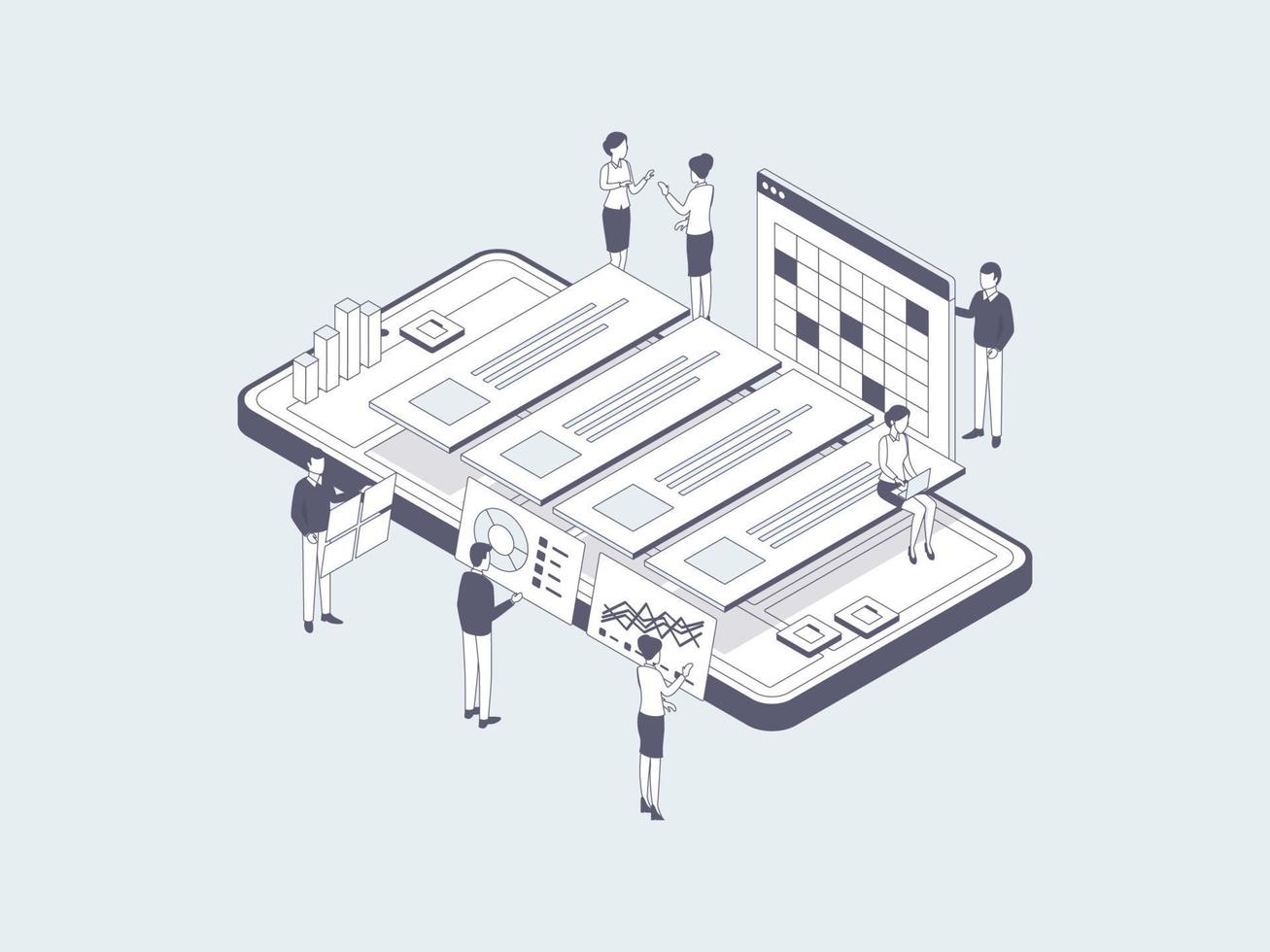 Project Management Isometric Illustration Lineal Grey. Suitable for Mobile App, Website, Banner, Diagrams, Infographics, and Other Graphic Assets. vector
