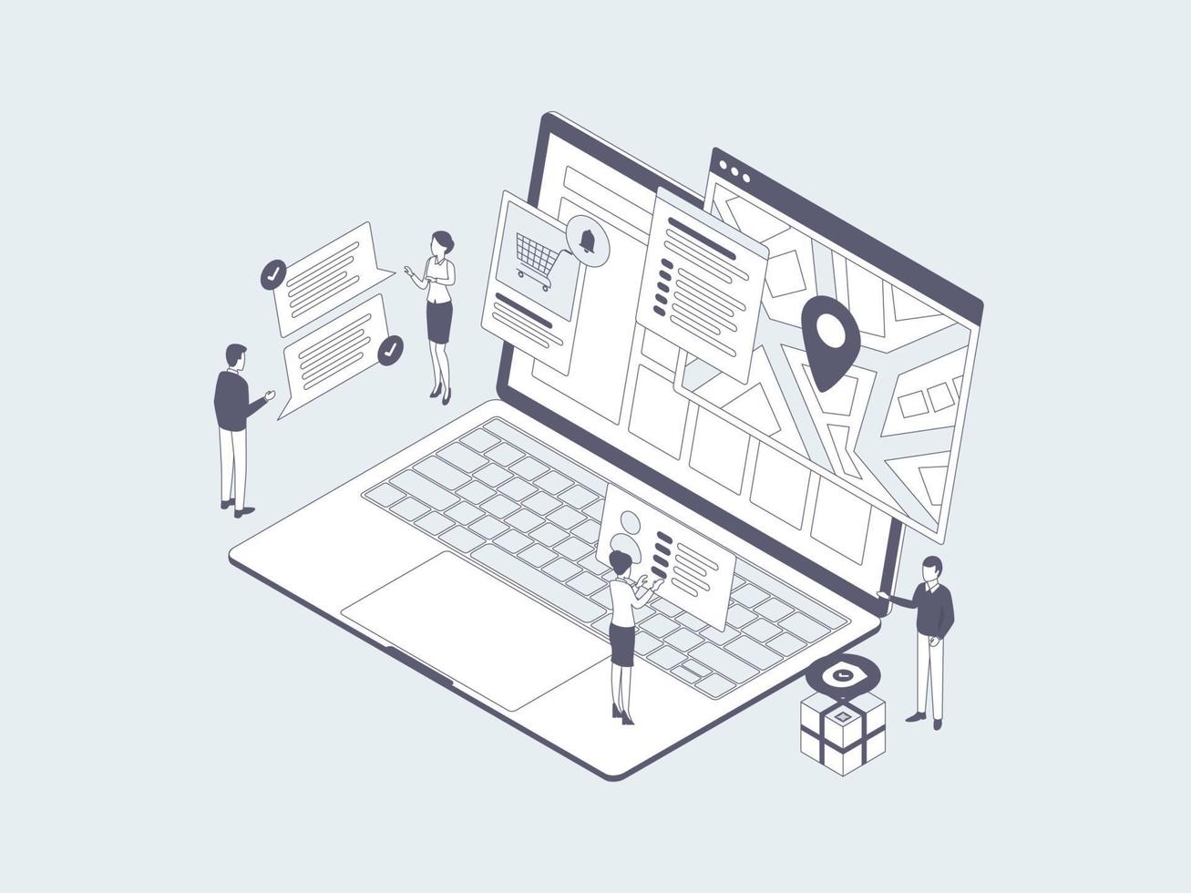 E-Commerce Tracking Isometric Illustration Lineal Grey. Suitable for Mobile App, Website, Banner, Diagrams, Infographics, and Other Graphic Assets. vector