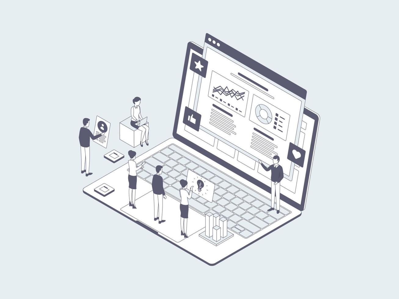 Business Pitching Isometric Illustration Lineal Grey. Suitable for Mobile App, Website, Banner, Diagrams, Infographics, and Other Graphic Assets. vector