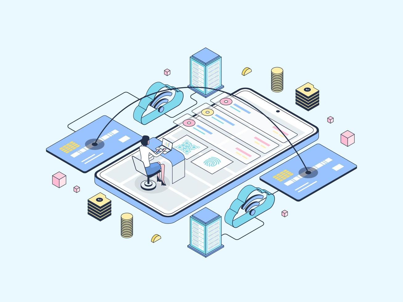 Mobile Transfer Isometric Illustration Lineal Color. Suitable for Mobile App, Website, Banner, Diagrams, Infographics, and Other Graphic Assets. vector