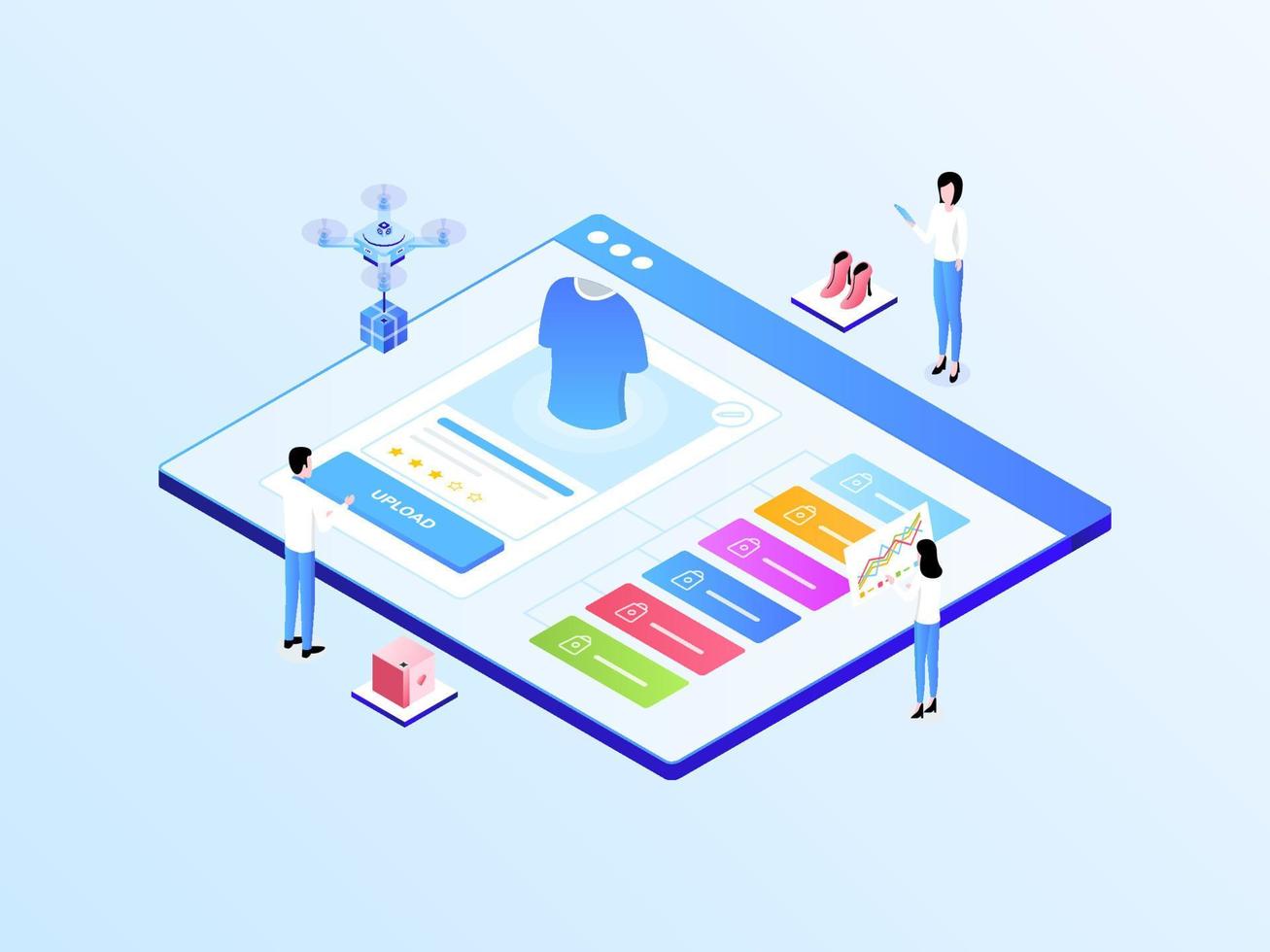 E-Commerce Catalog Upload Isometric Illustration Light Gradient. Suitable for Mobile App, Website, Banner, Diagrams, Infographics, and Other Graphic Assets. vector