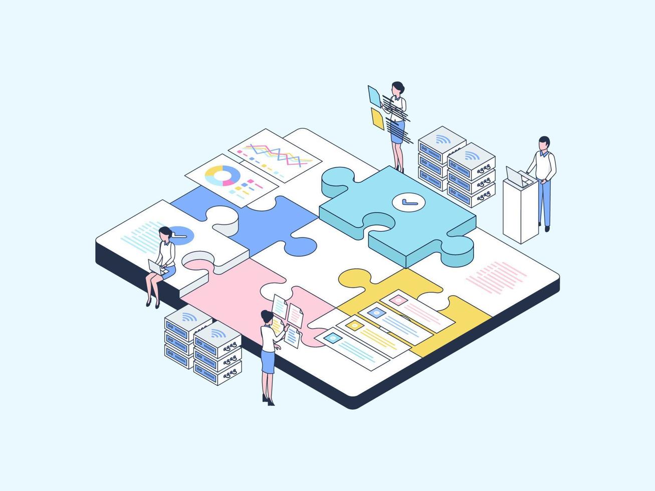 Business Teamwork Isometric Illustration Lineal Color. Suitable for Mobile App, Website, Banner, Diagrams, Infographics, and Other Graphic Assets. vector