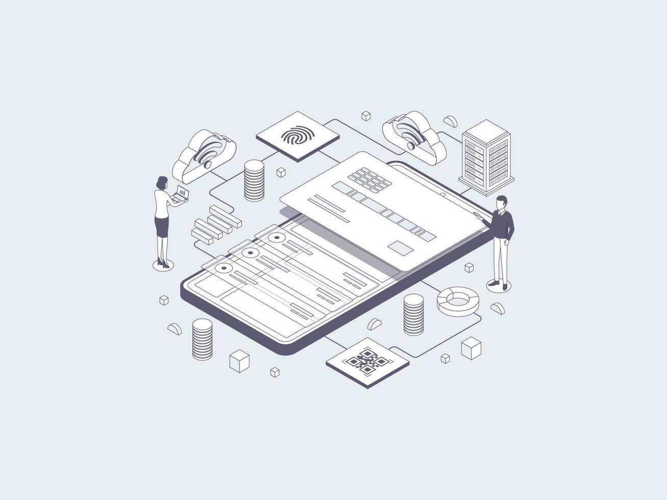 E-Wallet Isometric Illustration Lineal Gray. Suitable for Mobile App, Website, Banner, Diagrams, Infographics, and Other Graphic Assets. vector