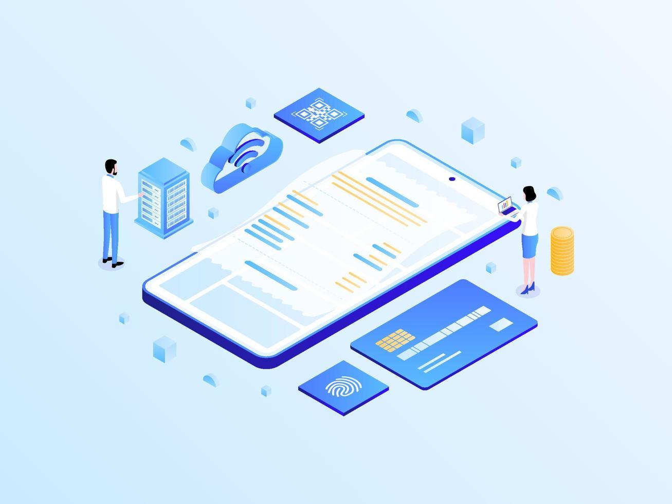 Point of Sale System Isometric Light Gradient Illustration. Suitable for Mobile App, Website, Banner, Diagrams, Infographics, and Other Graphic Assets. vector