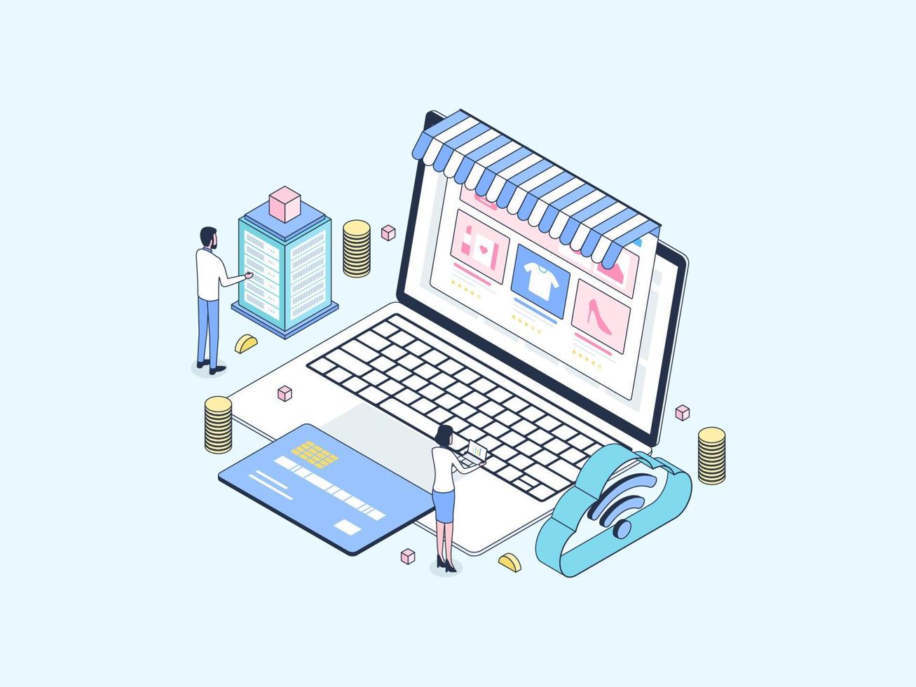 Online Shopping Isometric Illustration Lineal Color. Suitable for Mobile App, Website, Banner, Diagrams, Infographics, and Other Graphic Assets. vector