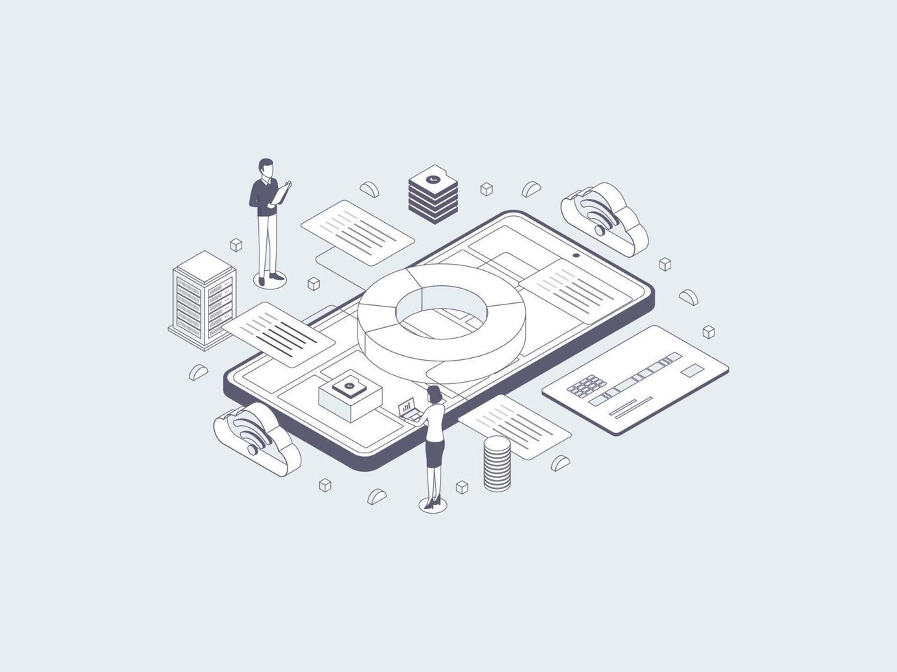 Accounting Management Isometric Illustration Lineal Gray. Suitable for Mobile App, Website, Banner, Diagrams, Infographics, and Other Graphic Assets. vector
