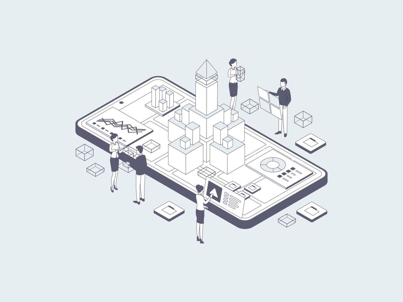 liberación del producto ilustración isométrica gris lineal. adecuado para aplicaciones móviles, sitios web, pancartas, diagramas, infografías y otros activos gráficos. vector