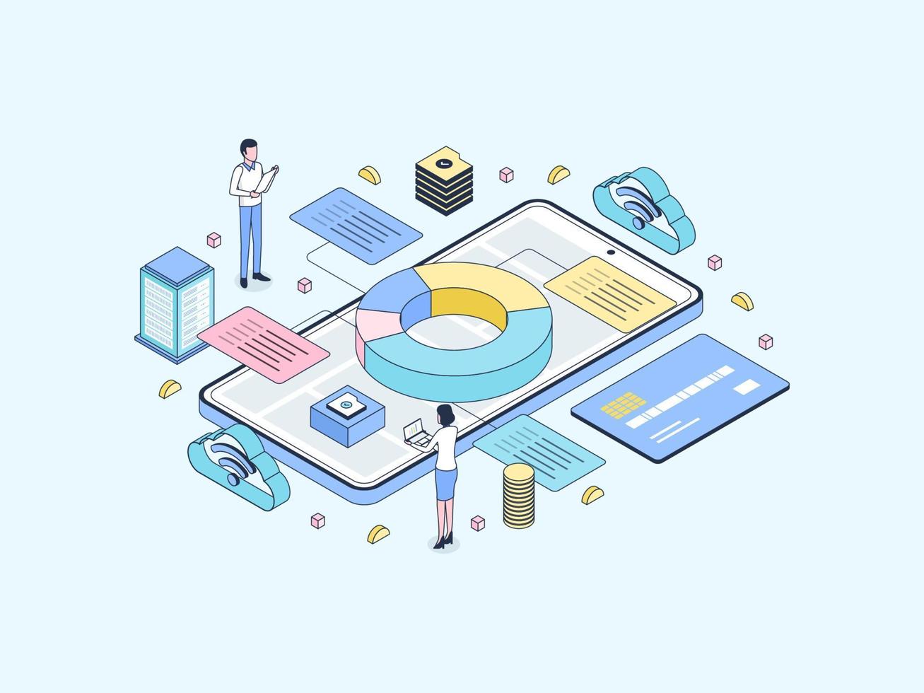 Accounting Management Isometric Illustration Lineal Color. Suitable for Mobile App, Website, Banner, Diagrams, Infographics, and Other Graphic Assets. vector