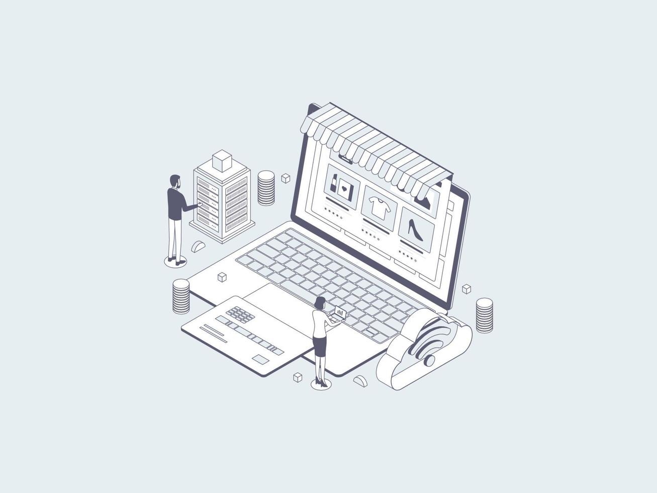 Online Shopping Isometric Illustration Lineal Gray. Suitable for Mobile App, Website, Banner, Diagrams, Infographics, and Other Graphic Assets. vector