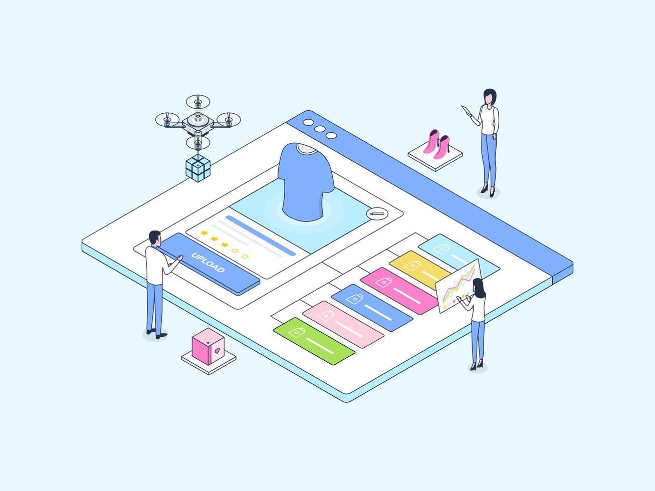 E-Commerce Catalog Upload Isometric Illustration Lineal Color. Suitable for Mobile App, Website, Banner, Diagrams, Infographics, and Other Graphic Assets. vector