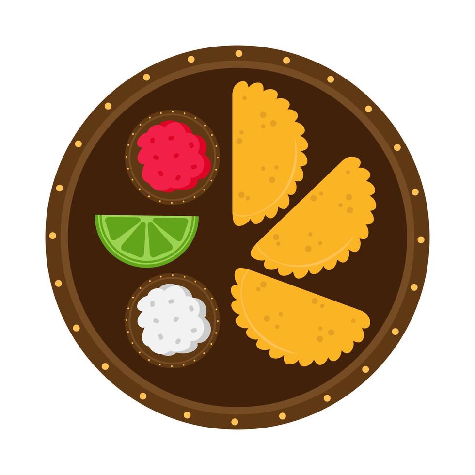 Vector illustration of empanadas dish on isolated background. Plate with sauces and lime. Traditional mexican dish on white background.