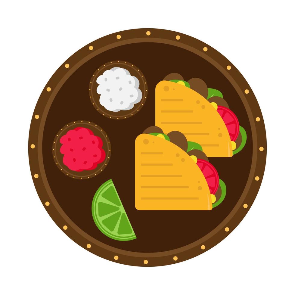 quesadilla en plato con salsas y limón. plato tradicional mexicano. Ilustración vectorial sobre fondo blanco. vector