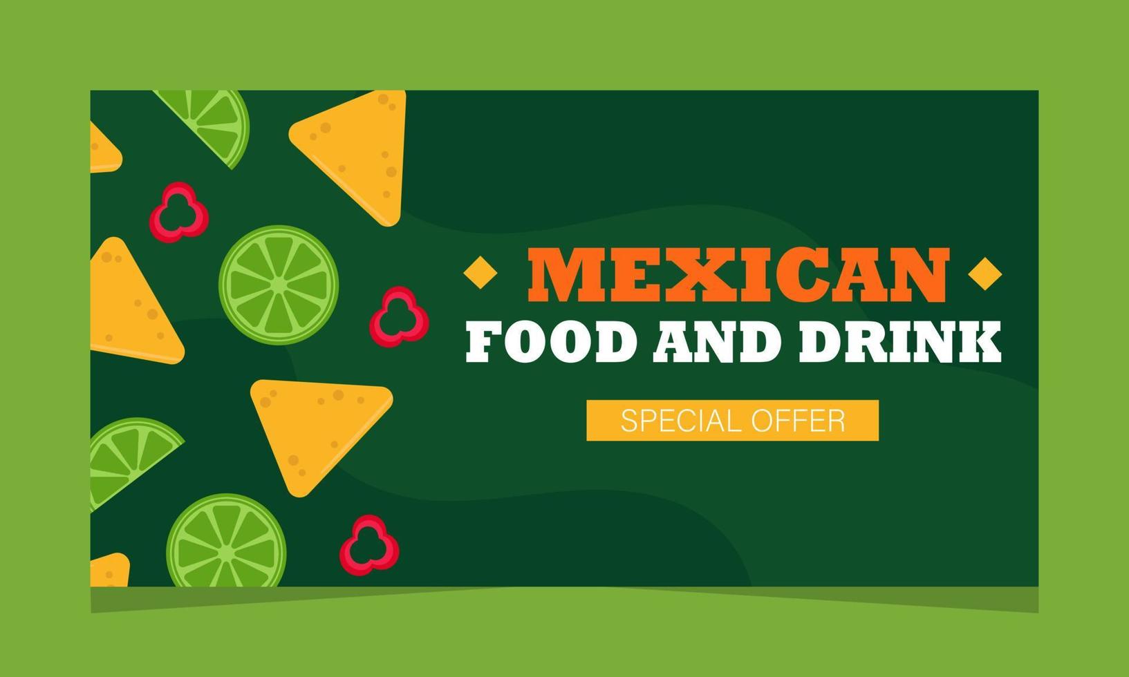 oferta de servicio de comida mexicana, página web. banner de aterrizaje con promoción, ilustración vectorial. restaurante mexicano. lima, nachos y pimientos sobre fondo verde vector