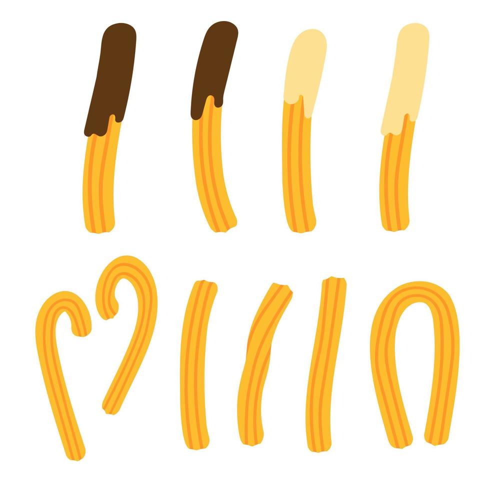 conjunto de churros con salsa de chocolate y crema. merienda mexicana. ilustración vectorial dibujada a mano. palitos de churros, diferentes formas en blanco. vector