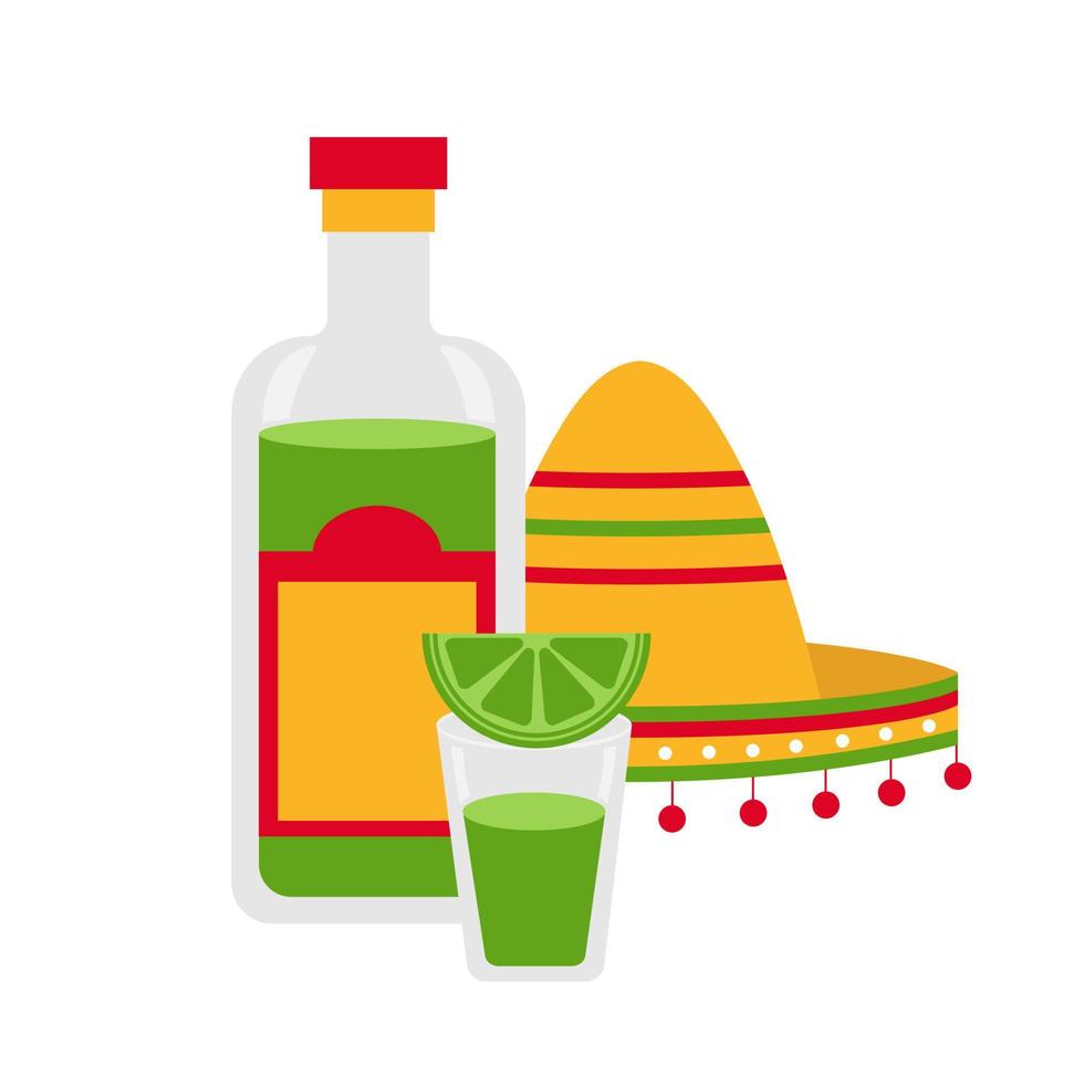 comida y bebida mexicana. tequila con limón y sombrero aislado en blanco. ilustración vectorial para diseños de menú, pancartas. vector