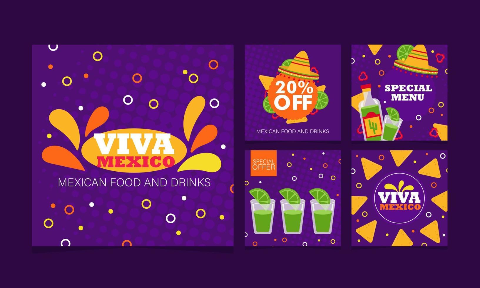 Mexican native food snacks and drinks. Square banners - vector illustration. Collection of square layouts for social networks. Promo of restaurant