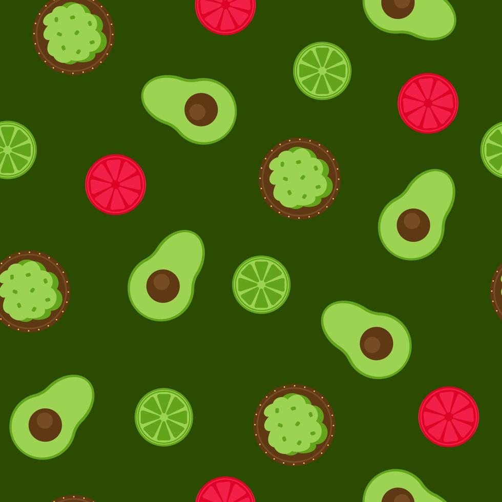 Seamless pattern with Mexican traditional Guacamole sauce with lime on green background with avocado. Vector illustration. Cute endless background