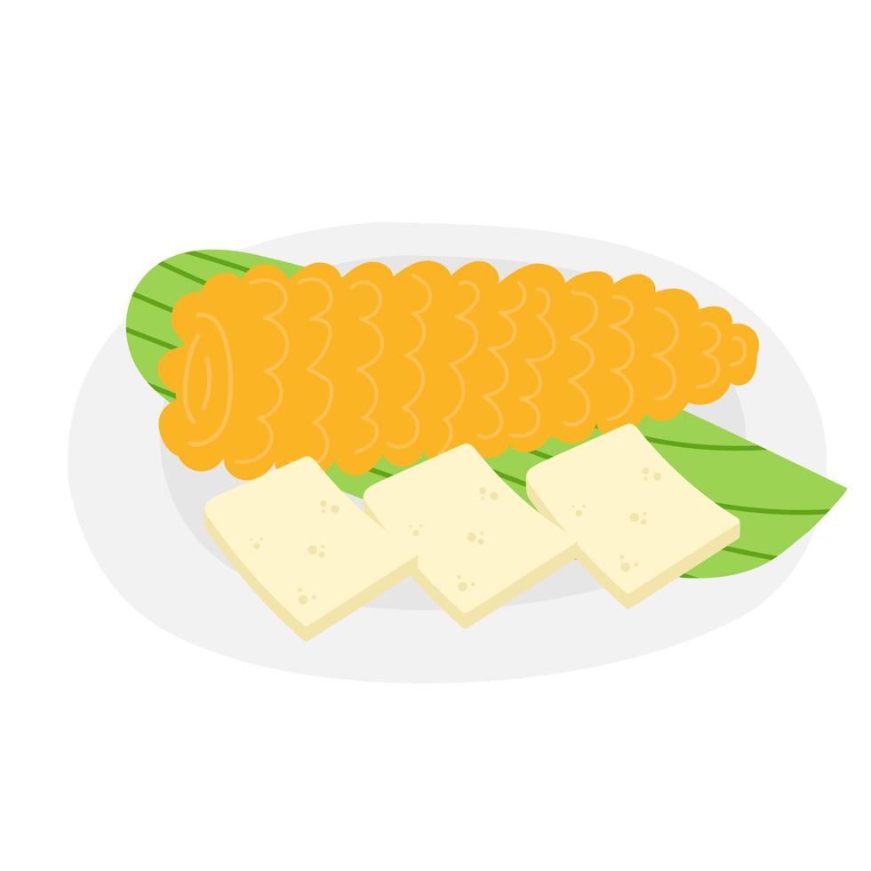 Choclo con queso - Peruvian dish of hot big corn and salty Andean cheese. National cuisine on the plate. vector