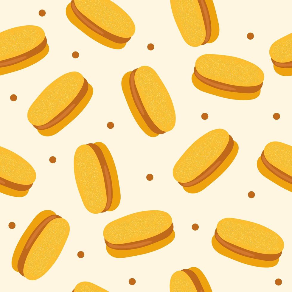 Seamless pattern - Alfajor de maicena, traditional Chilean sandwich cookies filled with condensed milk or jam. Endless cartoon texture vector