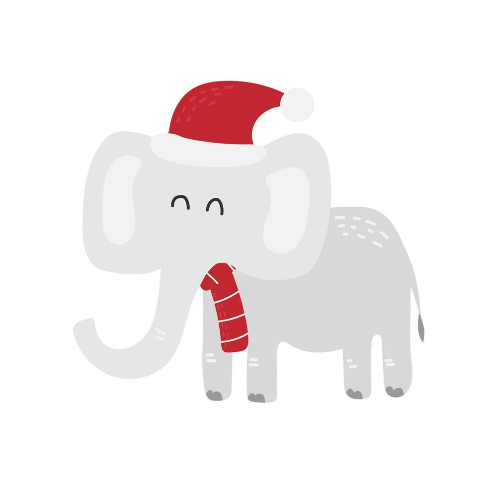 Funny cartoon elephant in Santa hat on his head, isolated on a white background. Christmas card vector