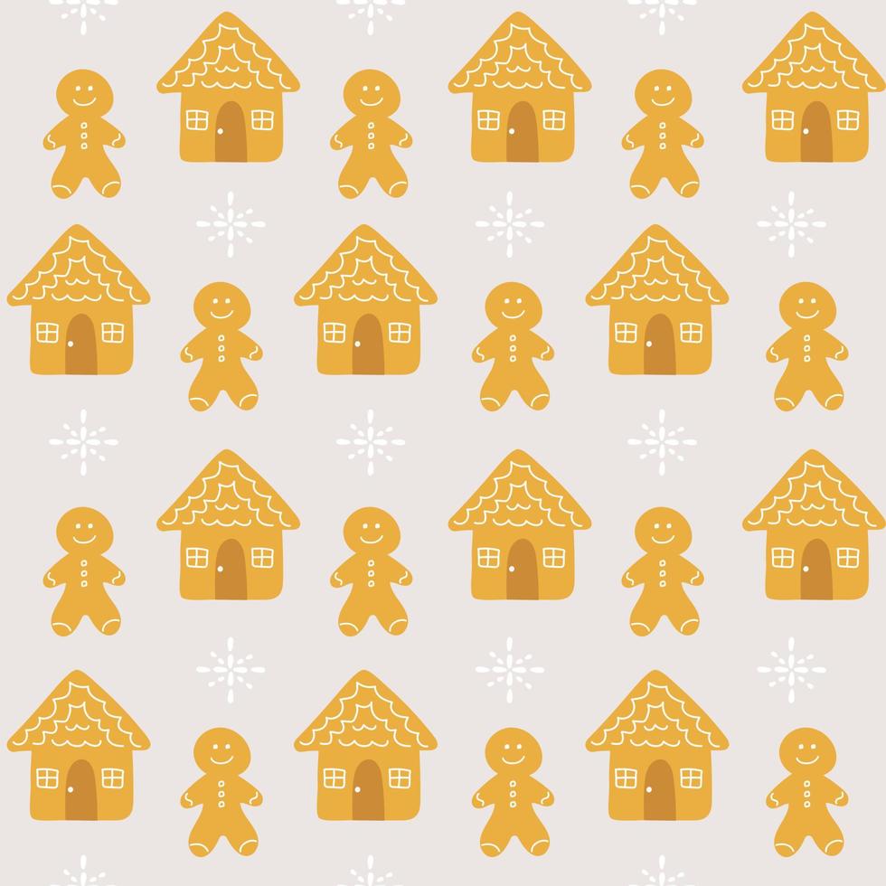 Christmas seamless background of gingerbread cookies and houses on grey background. Vector illustration