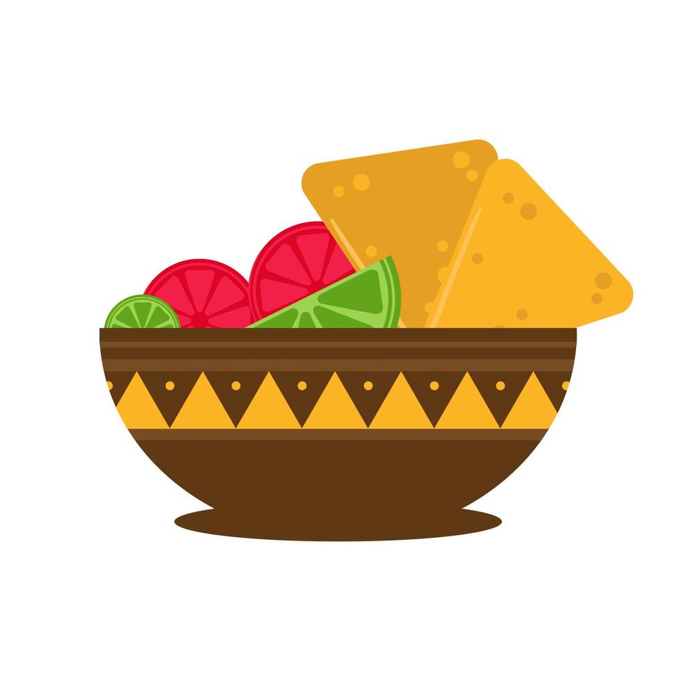 nachos en un tazón con lima y tomate. comida tradicional mexicana. plato de chips de tortilla. ilustración de dibujos animados aislado en blanco vector