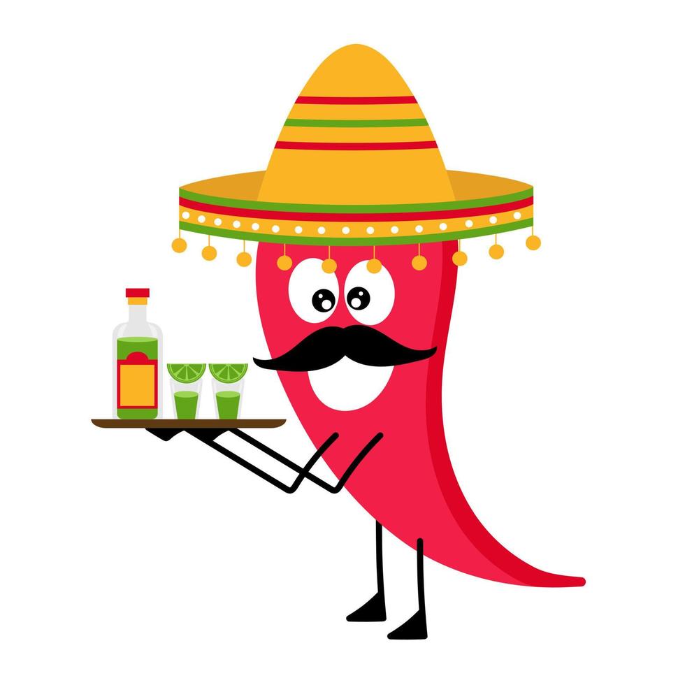 ilustración vectorial con ají. ají en sombrero. camarero con una bandeja de botellas de tequila y chupitos con lima vector