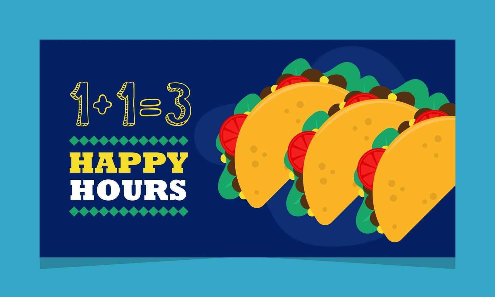 Discount and special offer on happy hour menu. Tasty mexican meal and snacks on sale in restaurants or bistro. Taco with meat and vegetables vector