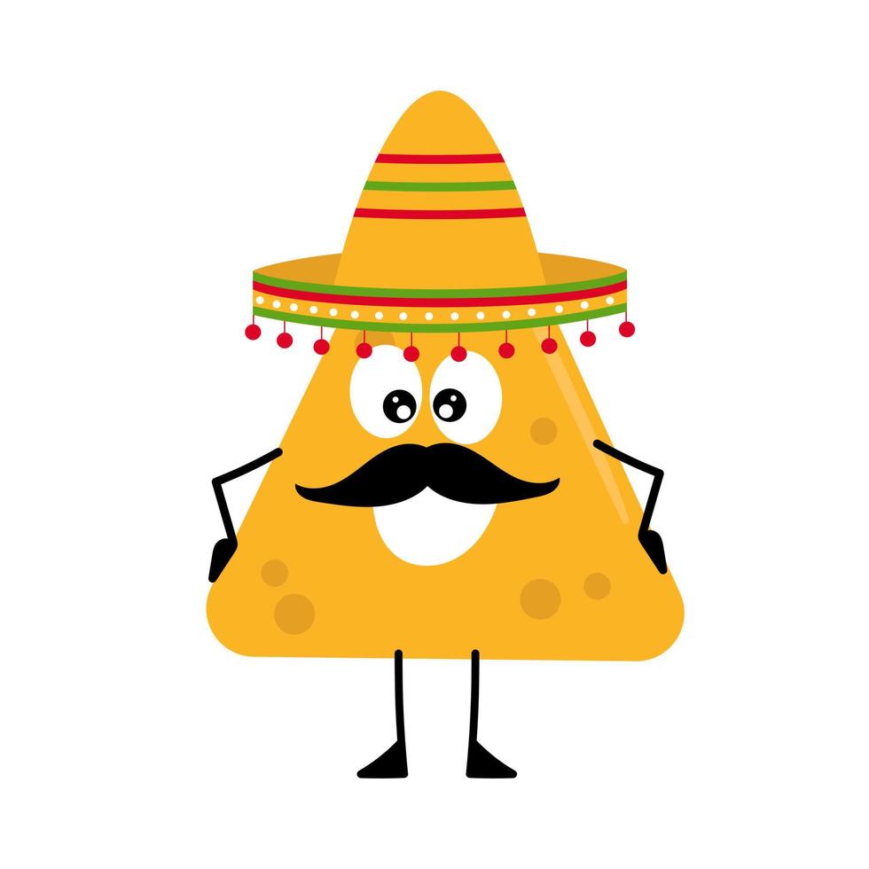 nachos en sombretro. personaje alegre con sonrisa y bigote. cocina tradicional mexicana. caricatura en blanco vector