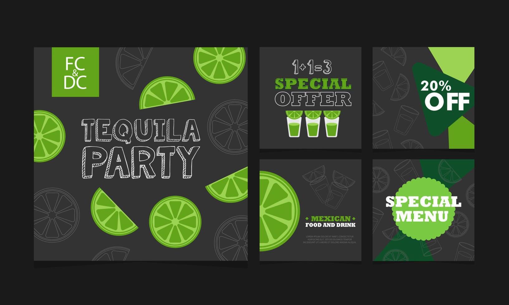 Tequila shots, special offer. Collection of square banners for social networks. Promo vector illustration. Mexican restaurant. Special menu