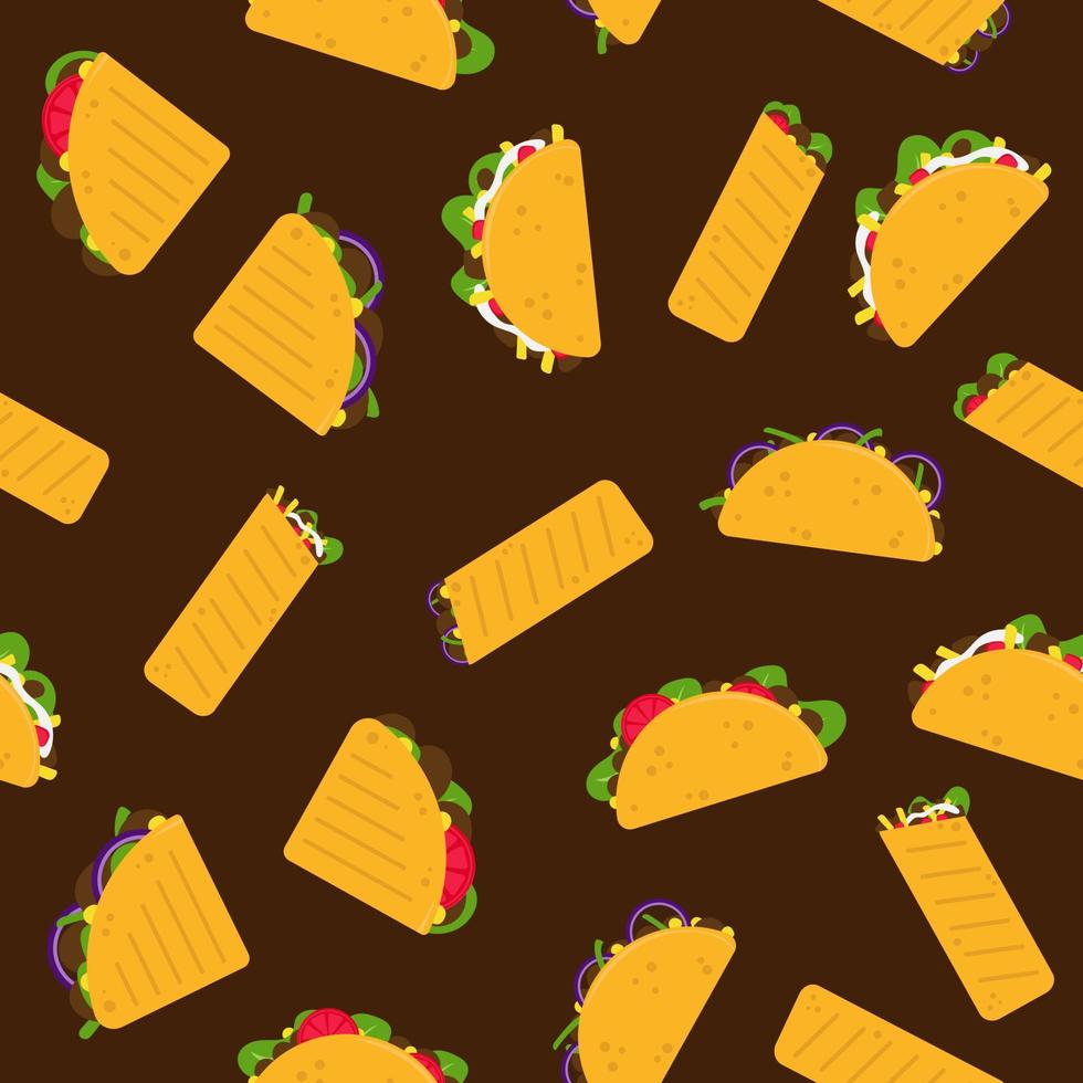 comida mexicana. tacos, quesadillas y burritos - patrón sin fisuras sobre fondo marrón. merienda mexicana. patrón para envolver, textil, diseño vector
