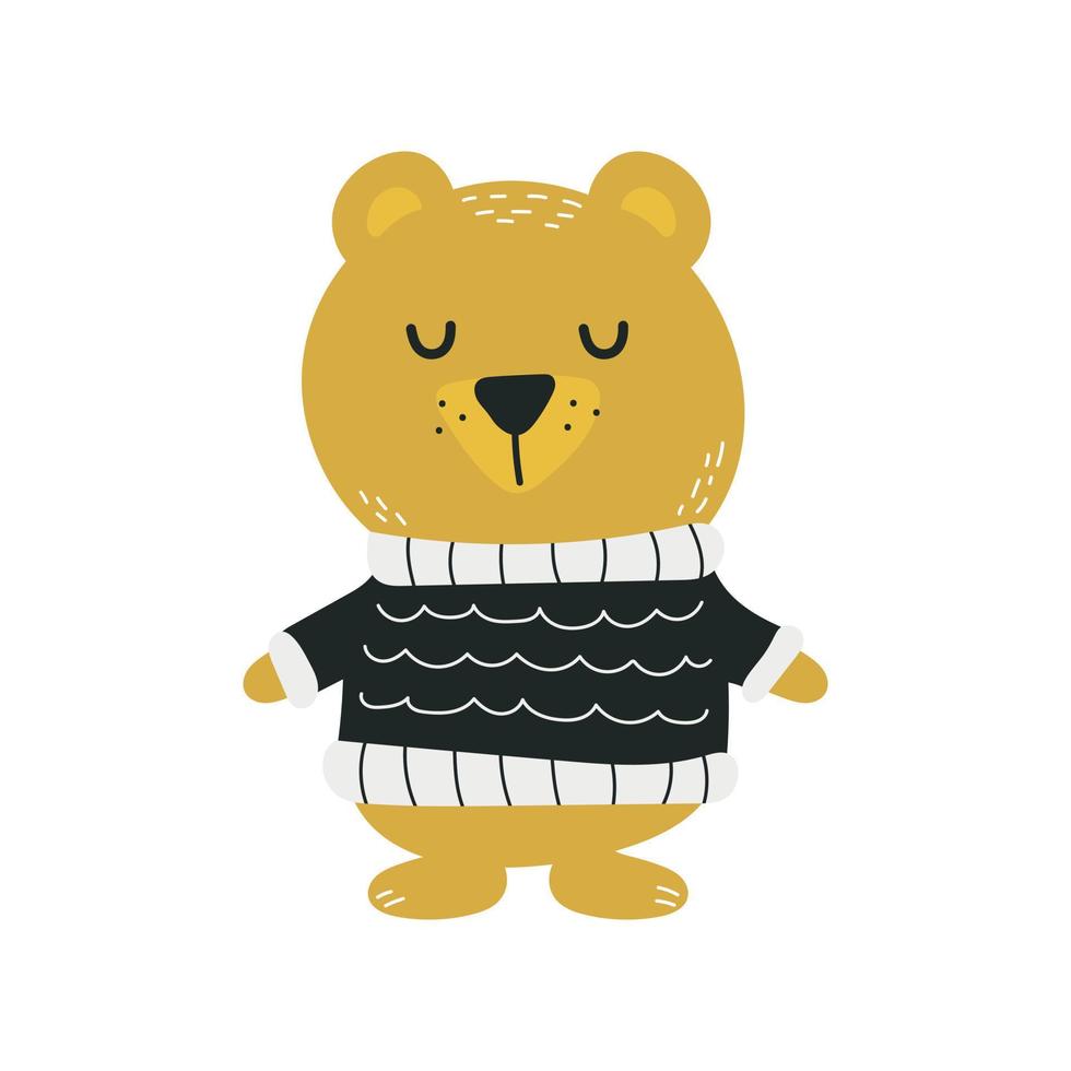 Cartoon bear in winter knitted sweater. Hand vector drawing illustration. Scandinavian minimalistic children style, black and yellow color