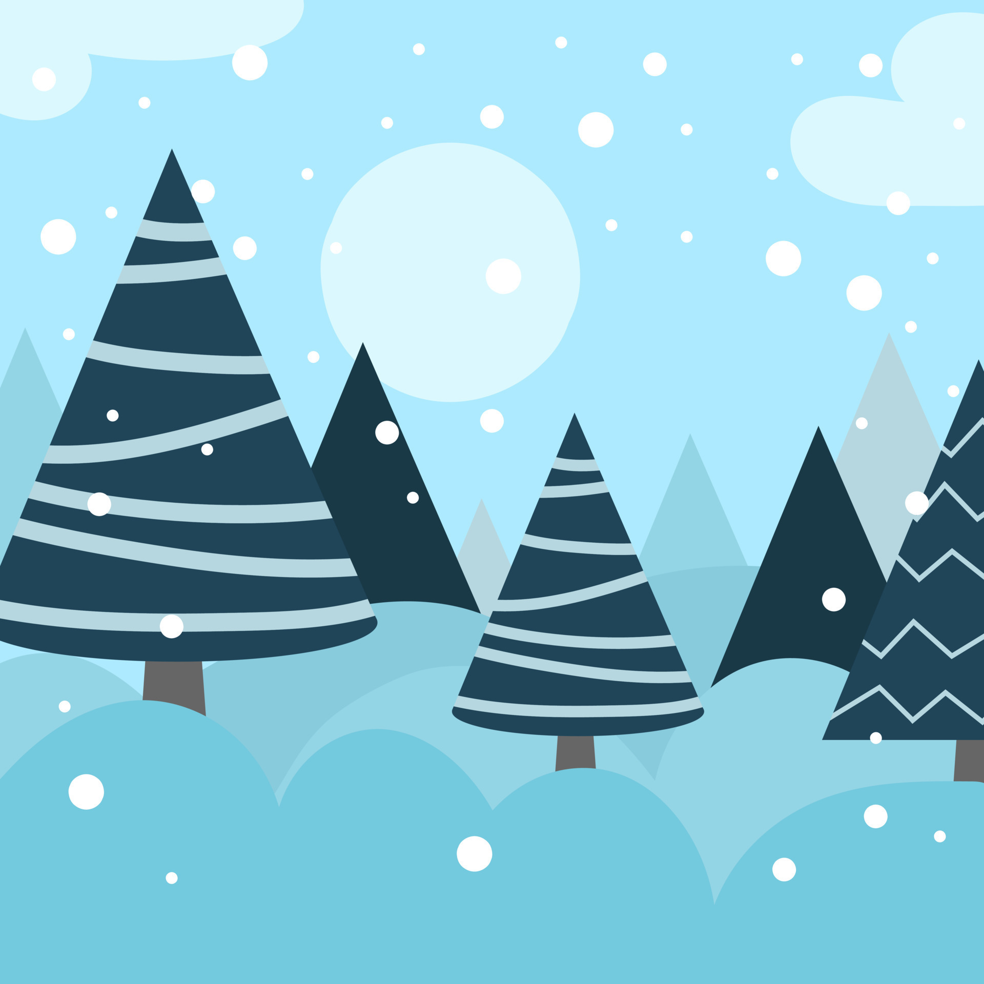 Christmas snow scene with fir tree. Winter cartoon forest. Holiday