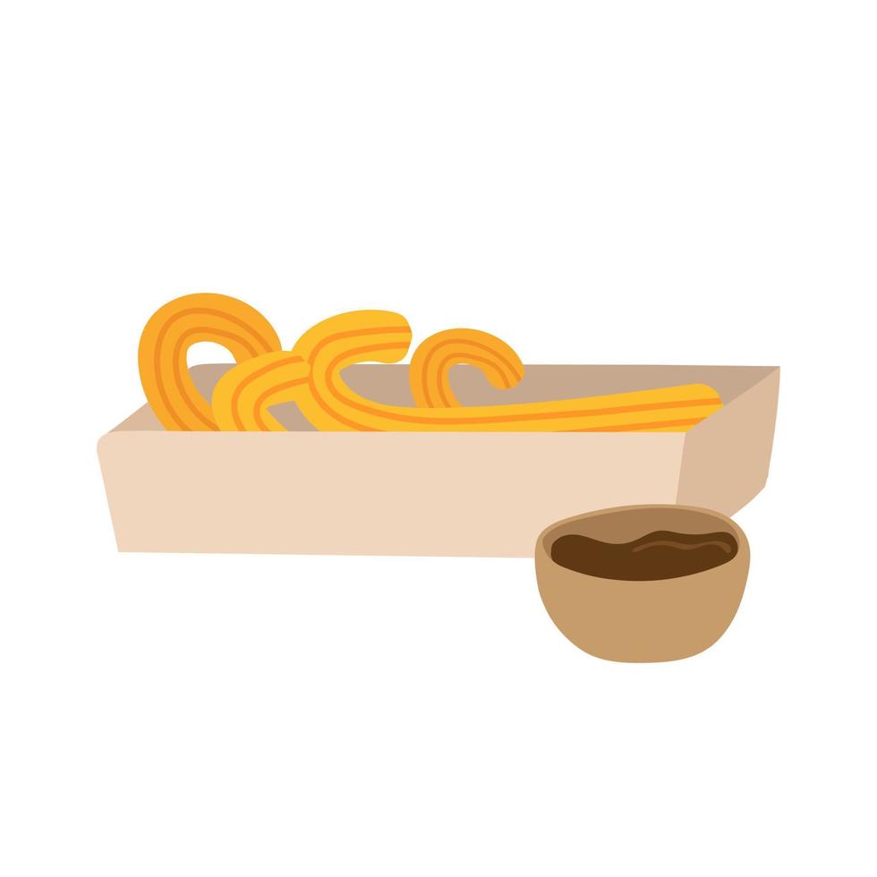 Sweet homemade churros in paper packaging with chocolate dipping sauce. Delicious Mexican snack. Flat vector design for cafe menu or poster