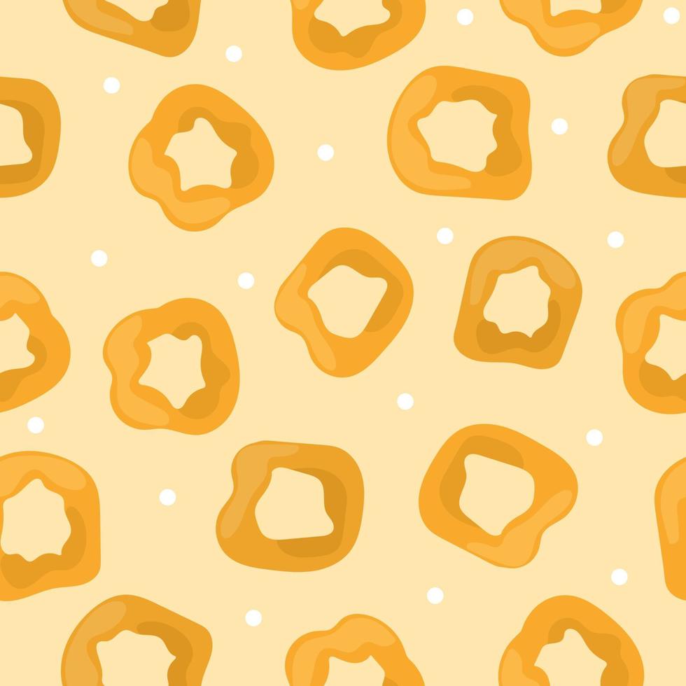 Picarones pumpkin donuts, dessert, latin american cuisine. Seamless pattern with donuts on a yellow background. vector