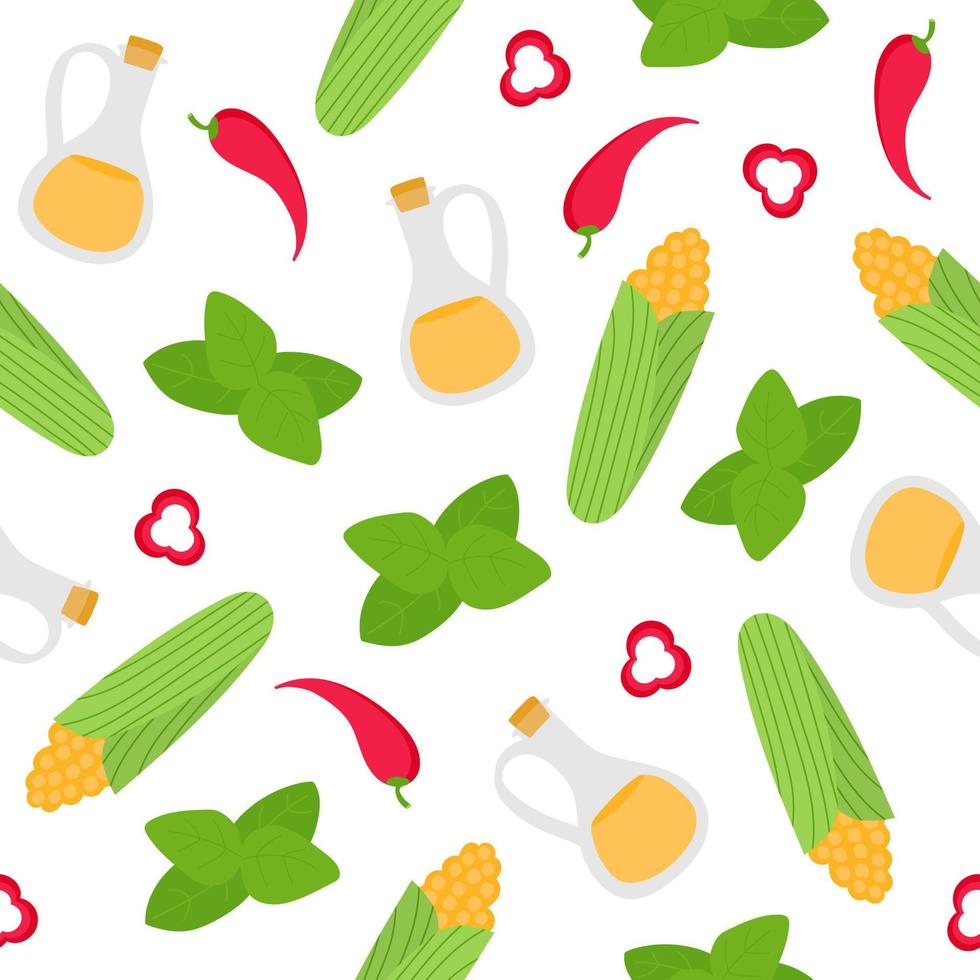 Background with corn, pepper, basil, oil. Ingredients for Mexican cuisine. Seamless pattern on a white background. For cookbook, packaging. vector