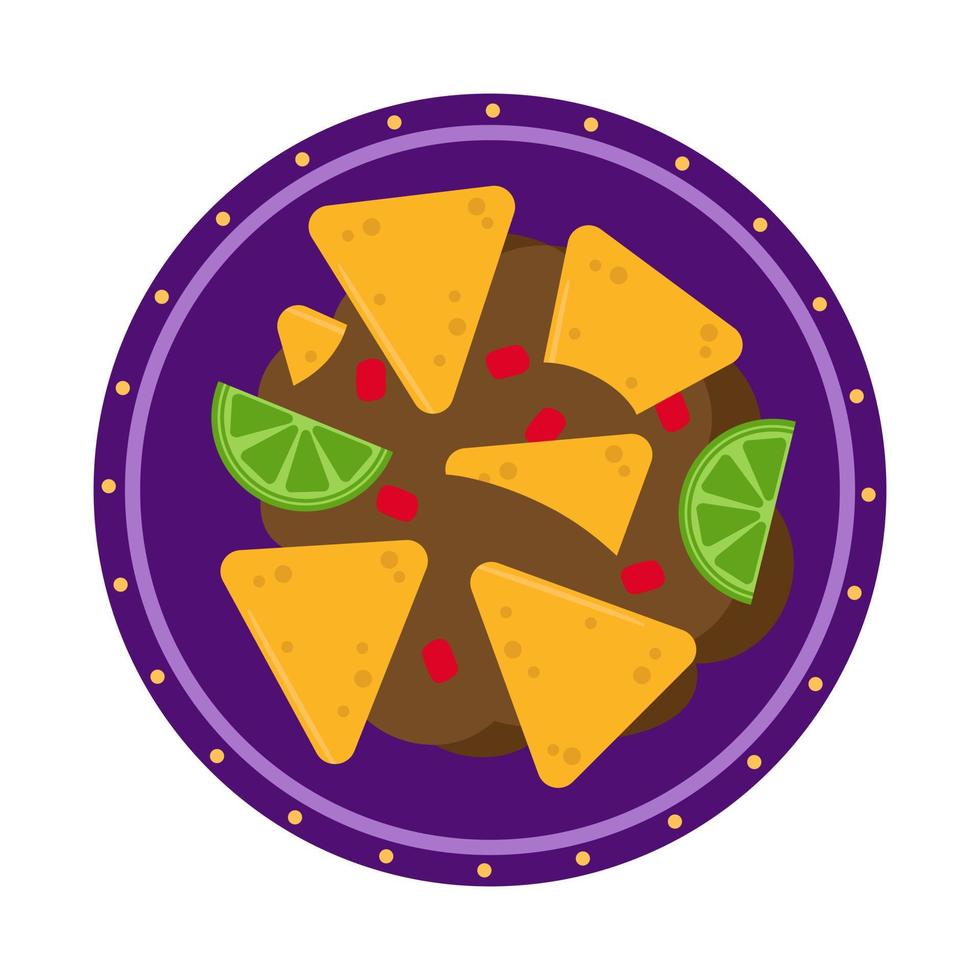 Nachos and fajitos with slices of tomato and pepper, lime on a plate. Illustration for the menu on a white background. Traditional Mexican food. vector