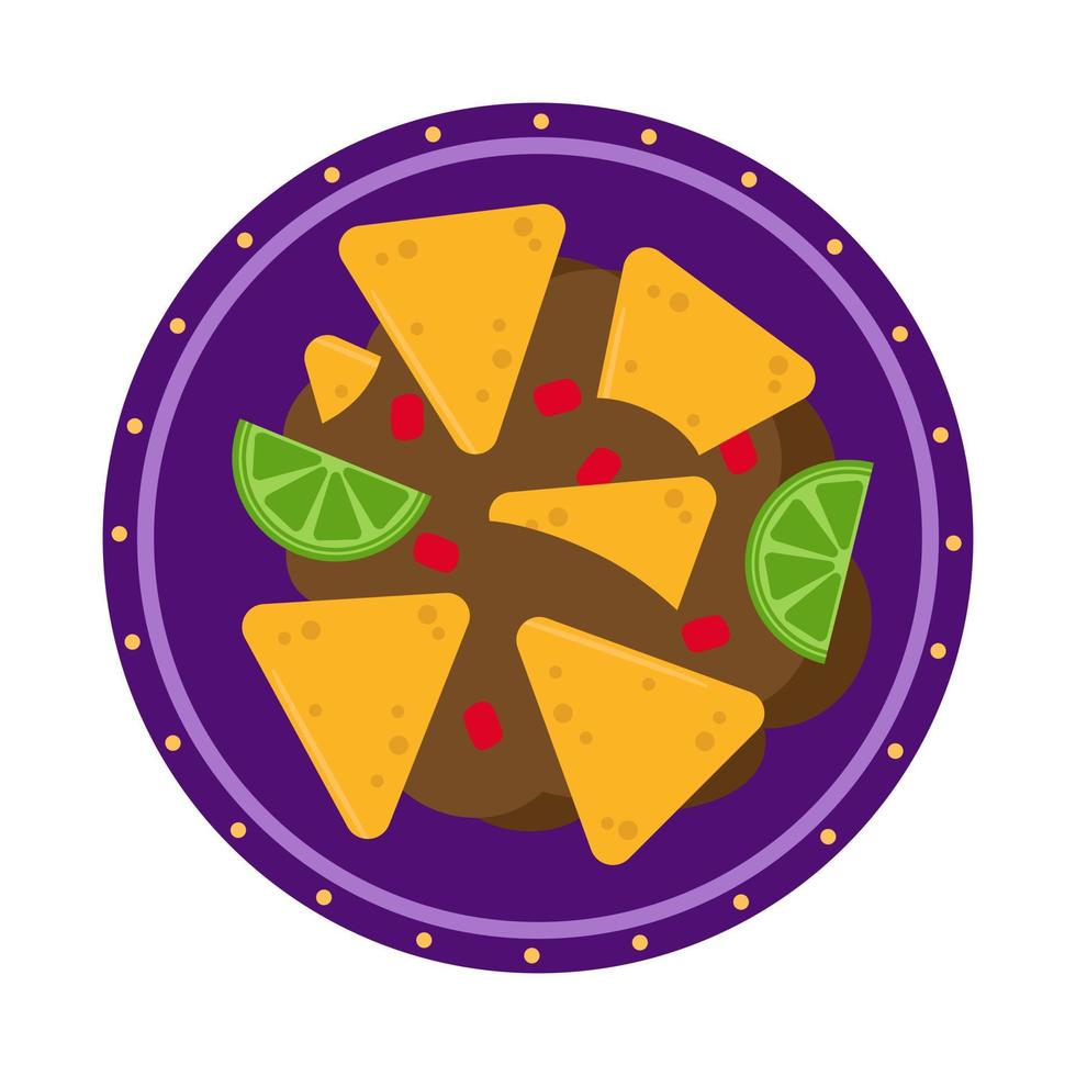 nachos y fajitos con rodajas de tomate y pimiento, lima en un plato. ilustración para el menú sobre un fondo blanco. comida tradicional mexicana. vector