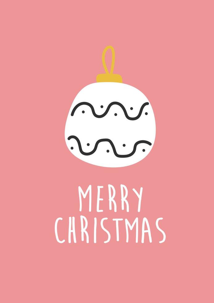 vector dibujado a mano decoración de juguetes de navidad. diseño moderno y sencillo, estilo escandinavo. tarjeta navideña, plantilla con texto de feliz navidad