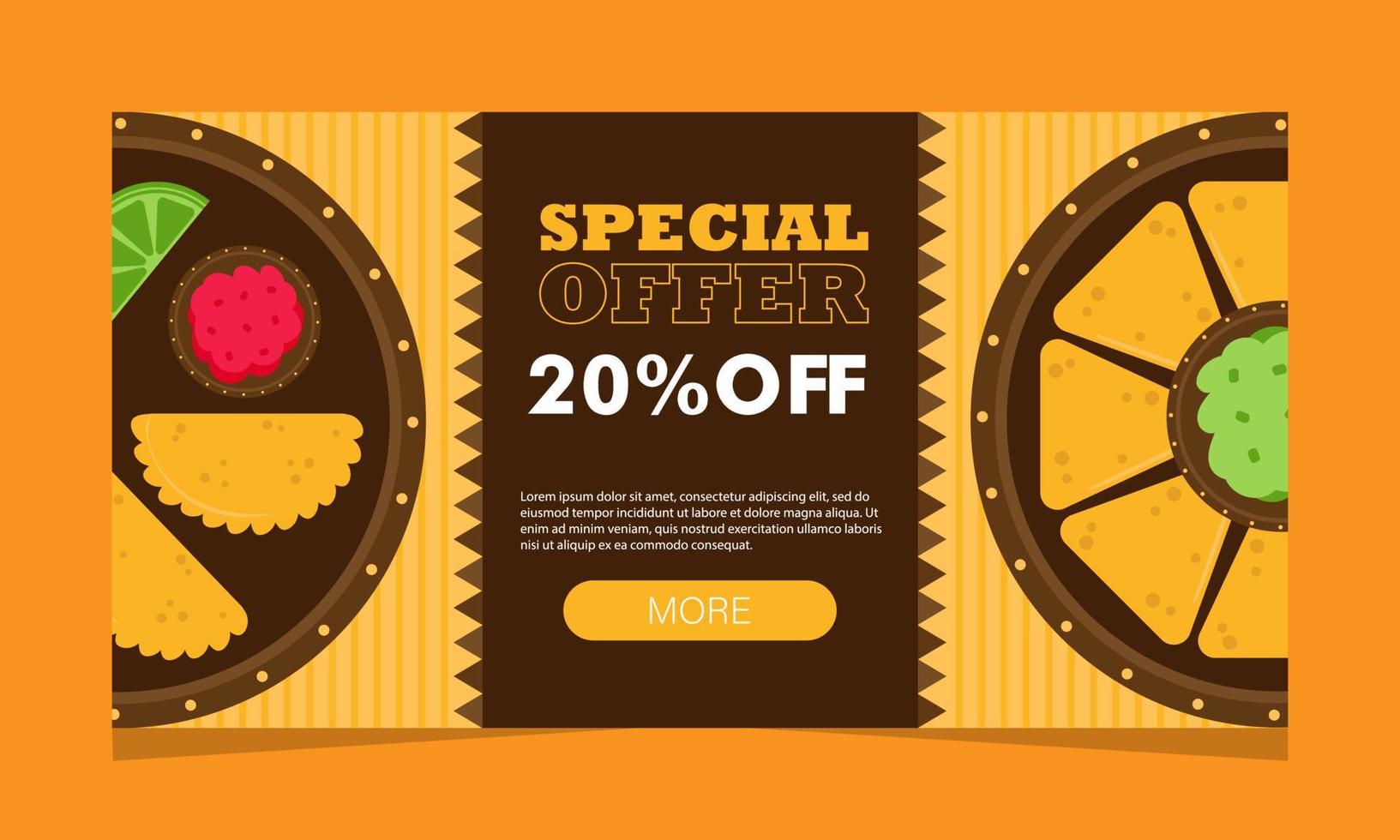 Mexican food service offer, web page. Landing banner with promo, vector illustration. Discount coupon.