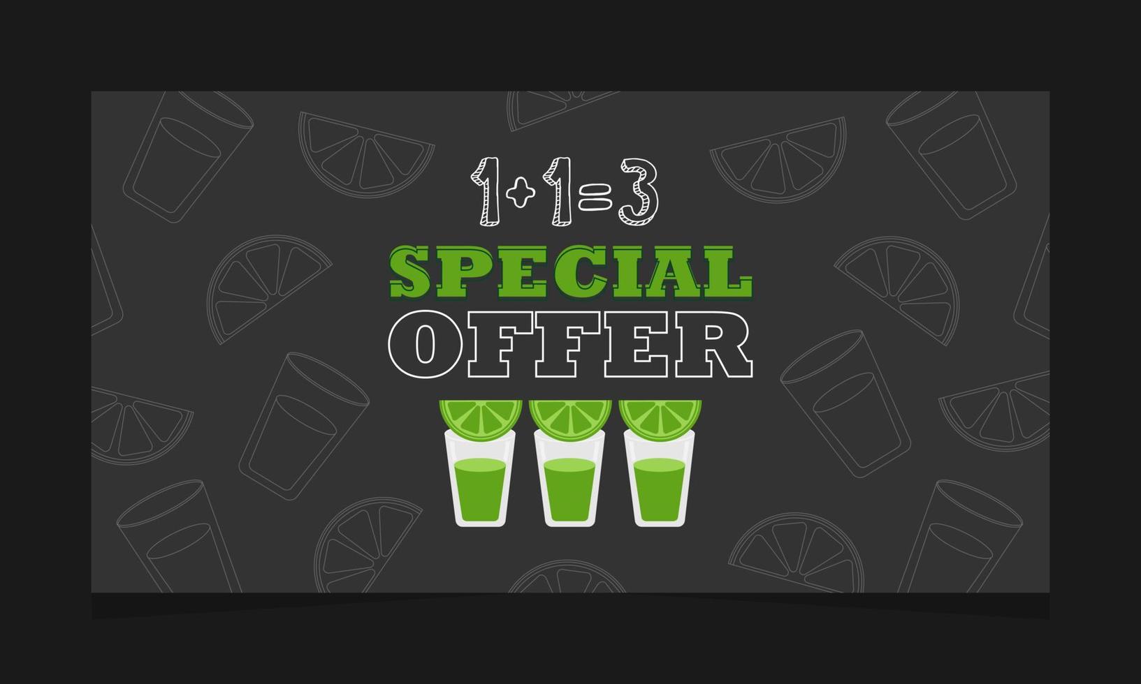 Vector illustration. Advertising banner. Tequila shots, special offer. Three shots for the price of two. Special menu in mexican restaurant