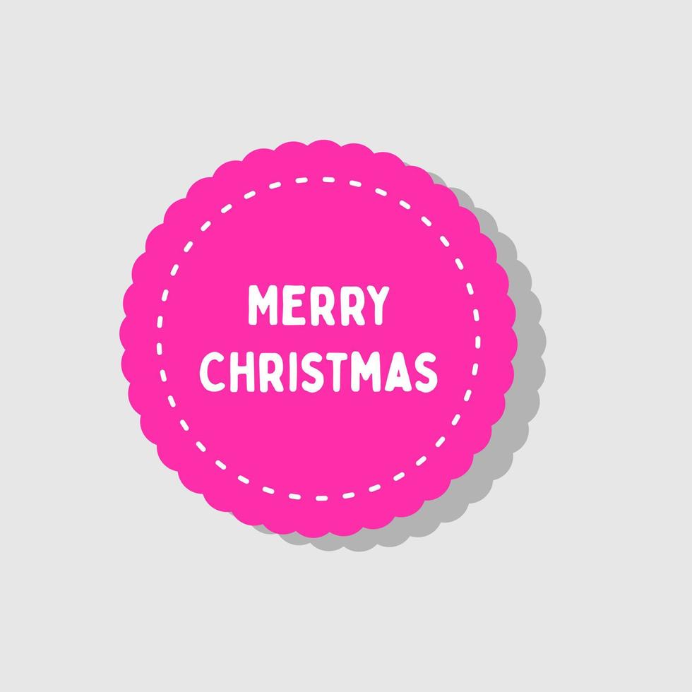 Pink round sticker with the Merry Christmas white text. For holiday design, postcards, packaging. vector
