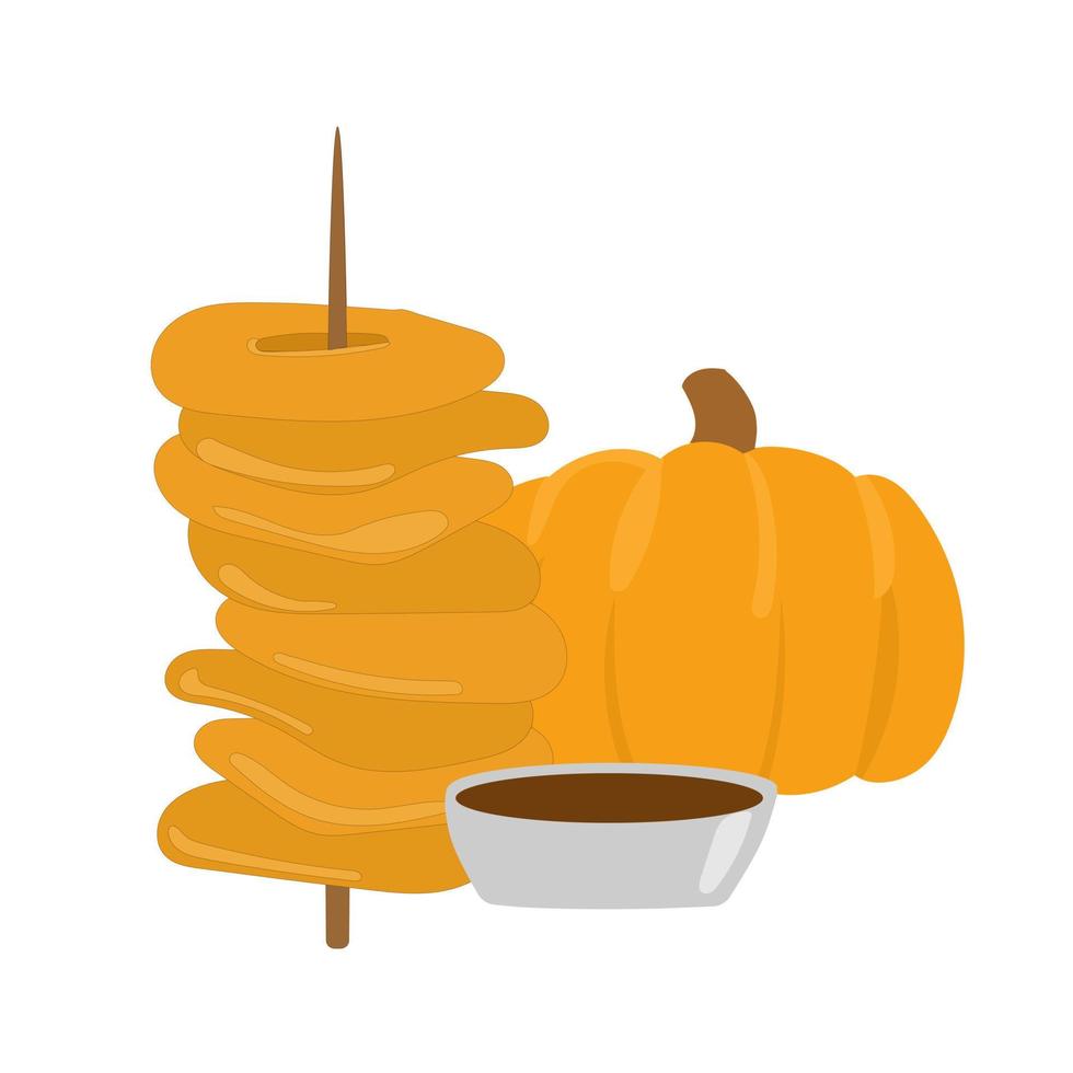 Picarones pumpkin donuts, dessert, latin american cuisine. National cuisine of Peru. Donuts on a skewer, pumpkin and sauce. Traditional food vector