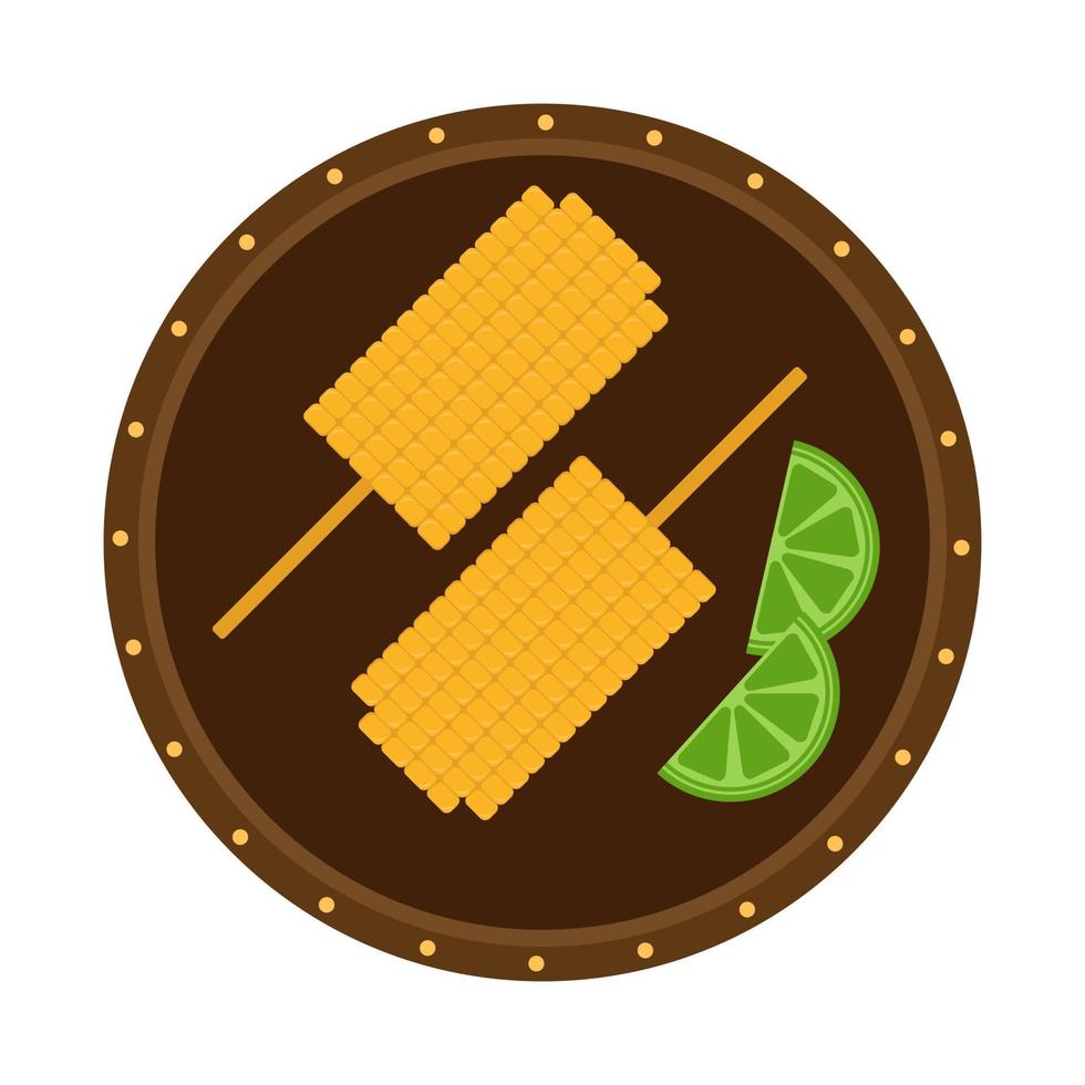 Corn on a stick. Traditional Mexican food on a white background. Two corns on a plate with lime vector